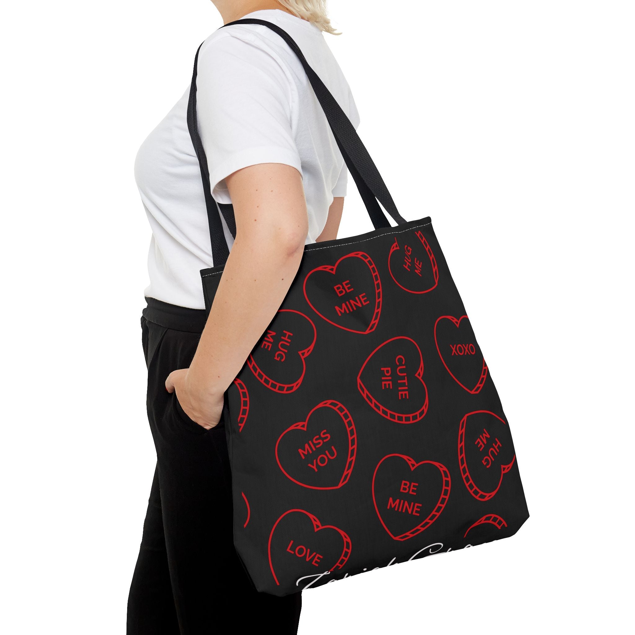 Zariah Grace Red Conversation Hearts Pattern Tote Bag | Valentine Candy Heart Design