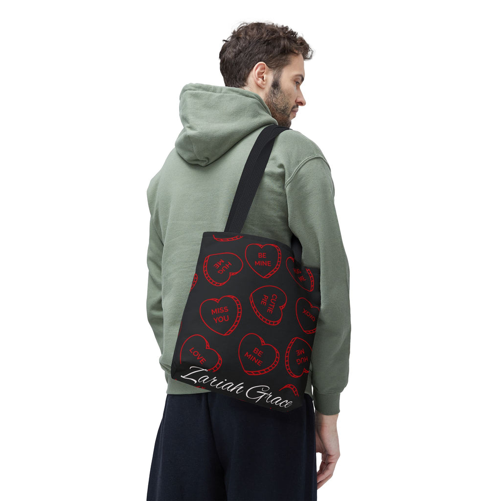 Zariah Grace Red Conversation Hearts Pattern Tote Bag | Valentine Candy Heart Design