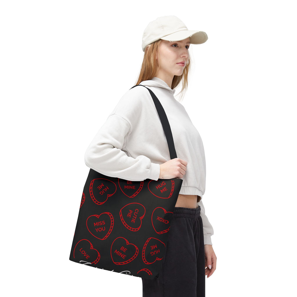 Zariah Grace Red Conversation Hearts Pattern Tote Bag | Valentine Candy Heart Design