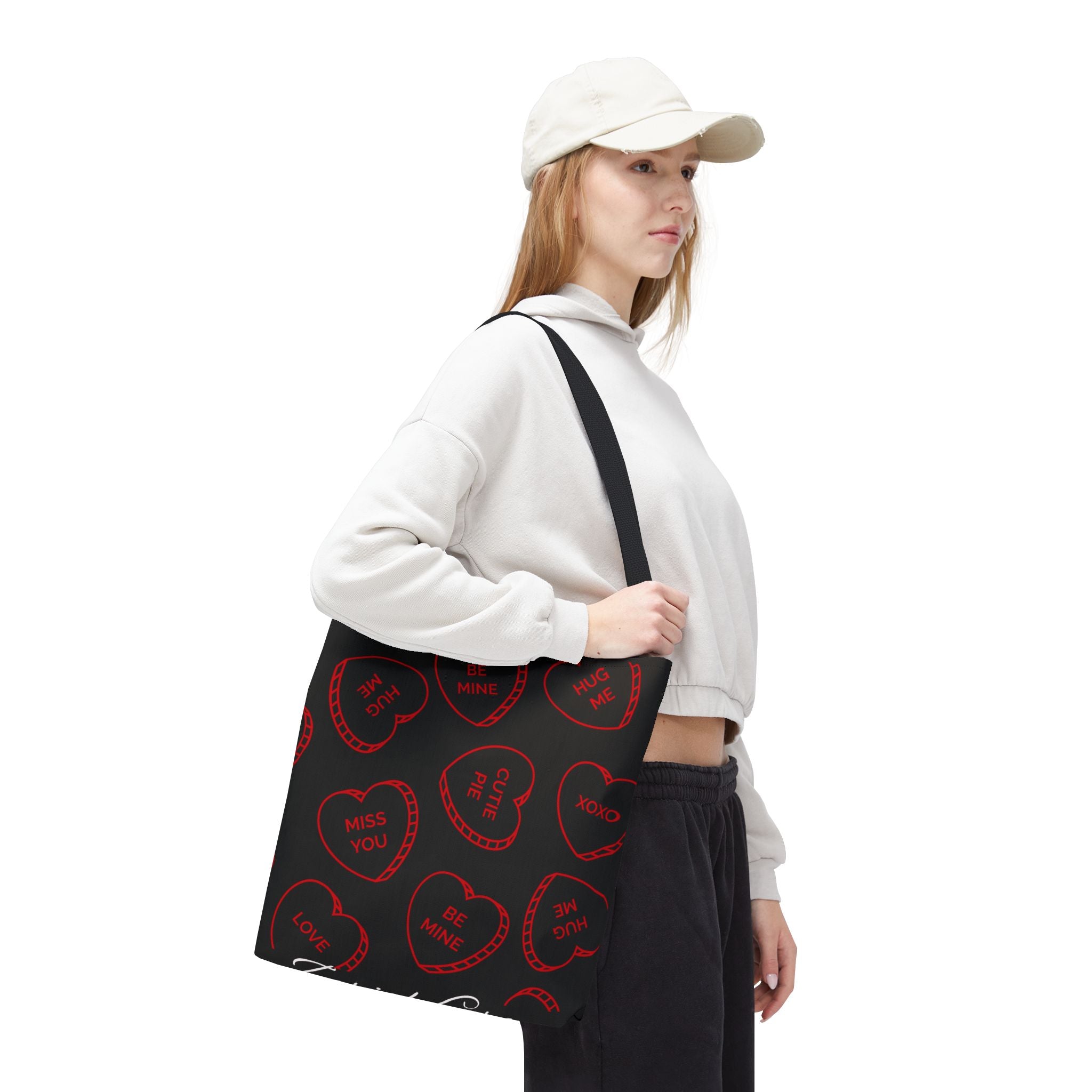 Zariah Grace Red Conversation Hearts Pattern Tote Bag | Valentine Candy Heart Design