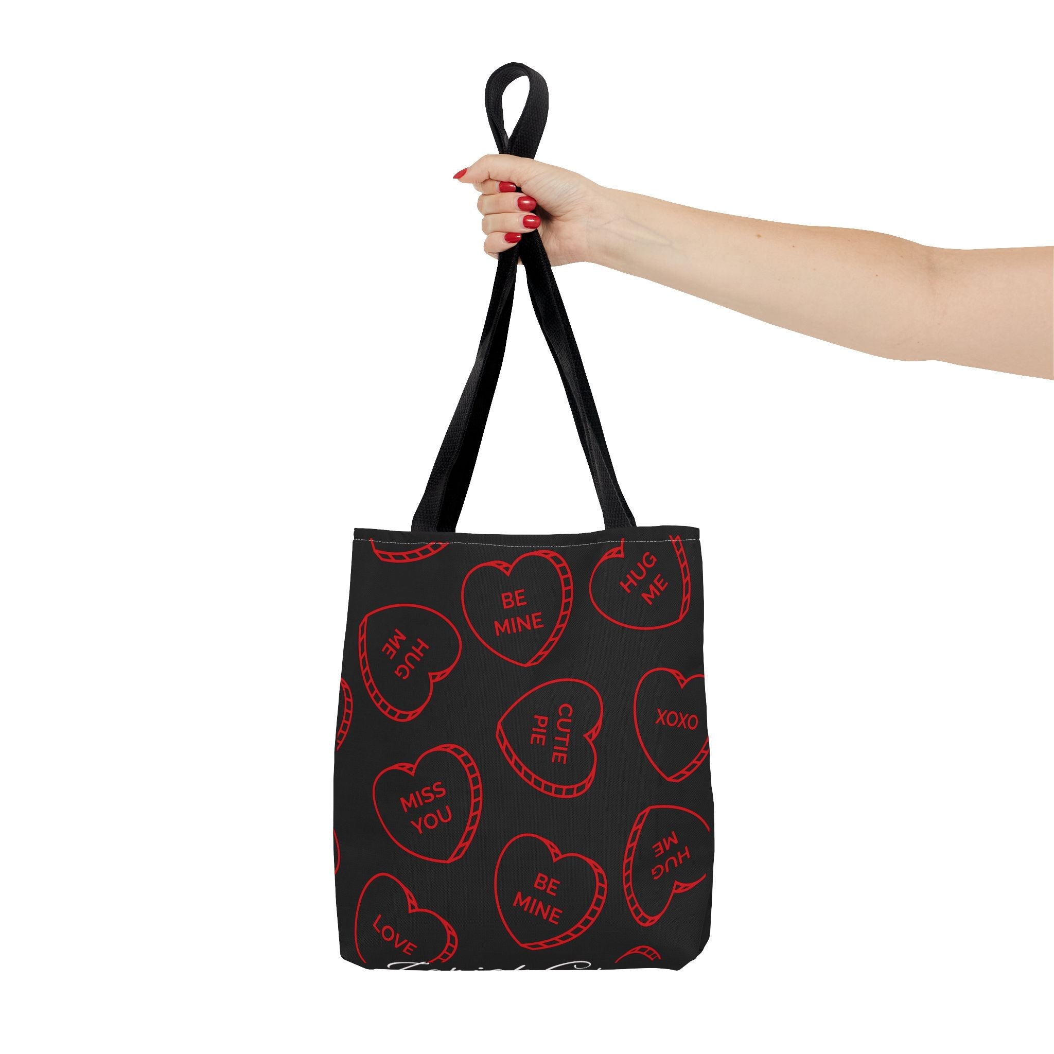 Zariah Grace Red Conversation Hearts Pattern Tote Bag | Valentine Candy Heart Design