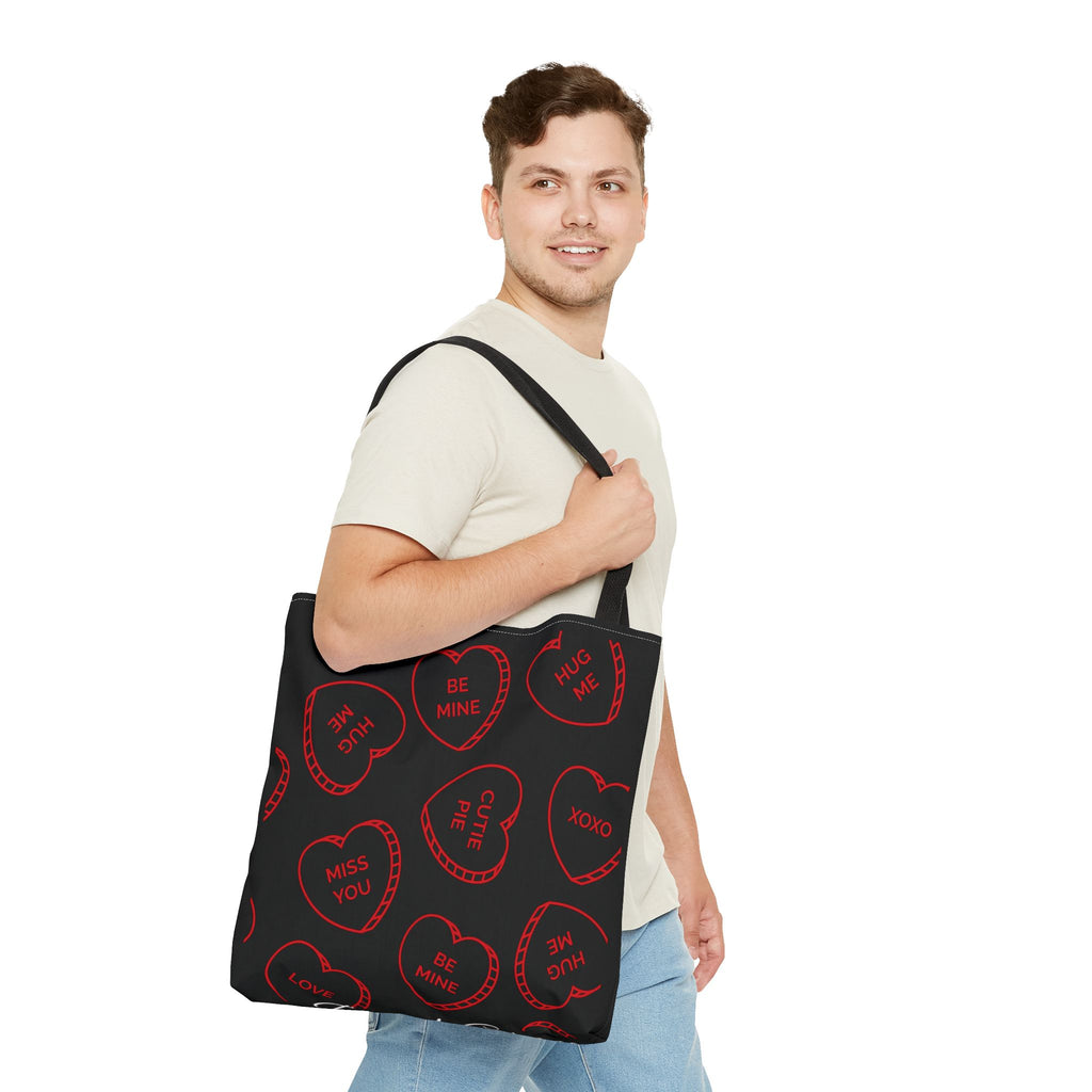 Zariah Grace Red Conversation Hearts Pattern Tote Bag | Valentine Candy Heart Design