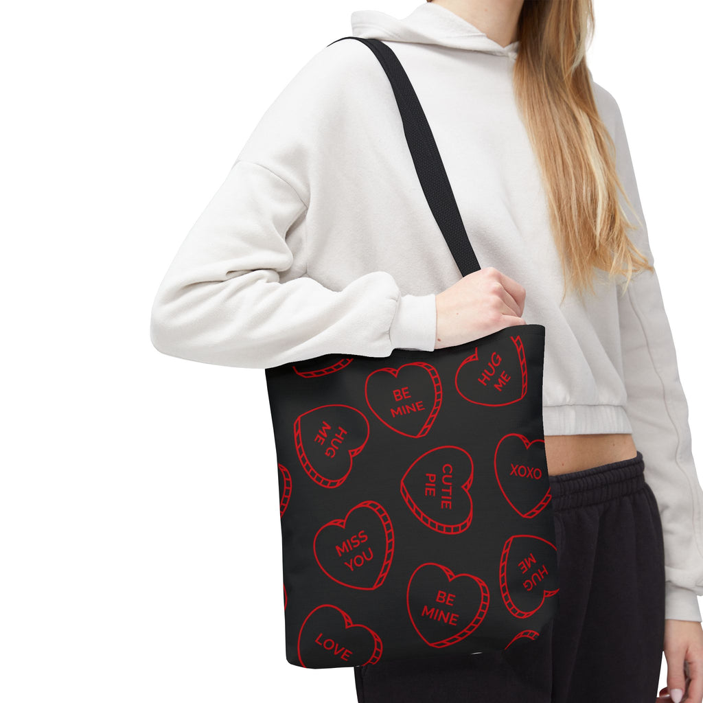 Zariah Grace Red Conversation Hearts Pattern Tote Bag | Valentine Candy Heart Design