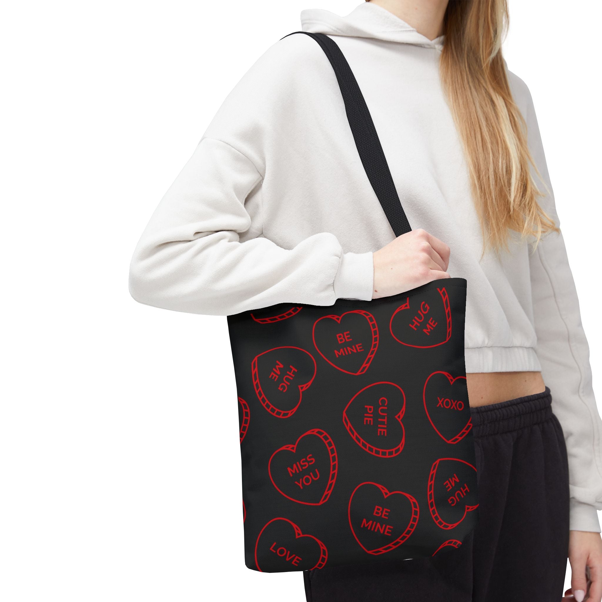 Zariah Grace Red Conversation Hearts Pattern Tote Bag | Valentine Candy Heart Design