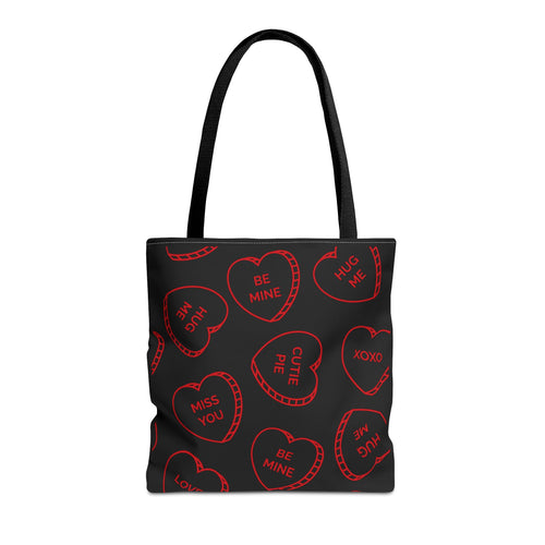 Zariah Grace Red Conversation Hearts Pattern Tote Bag | Valentine Candy Heart Design