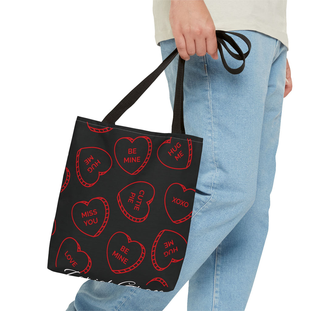 Zariah Grace Red Conversation Hearts Pattern Tote Bag | Valentine Candy Heart Design