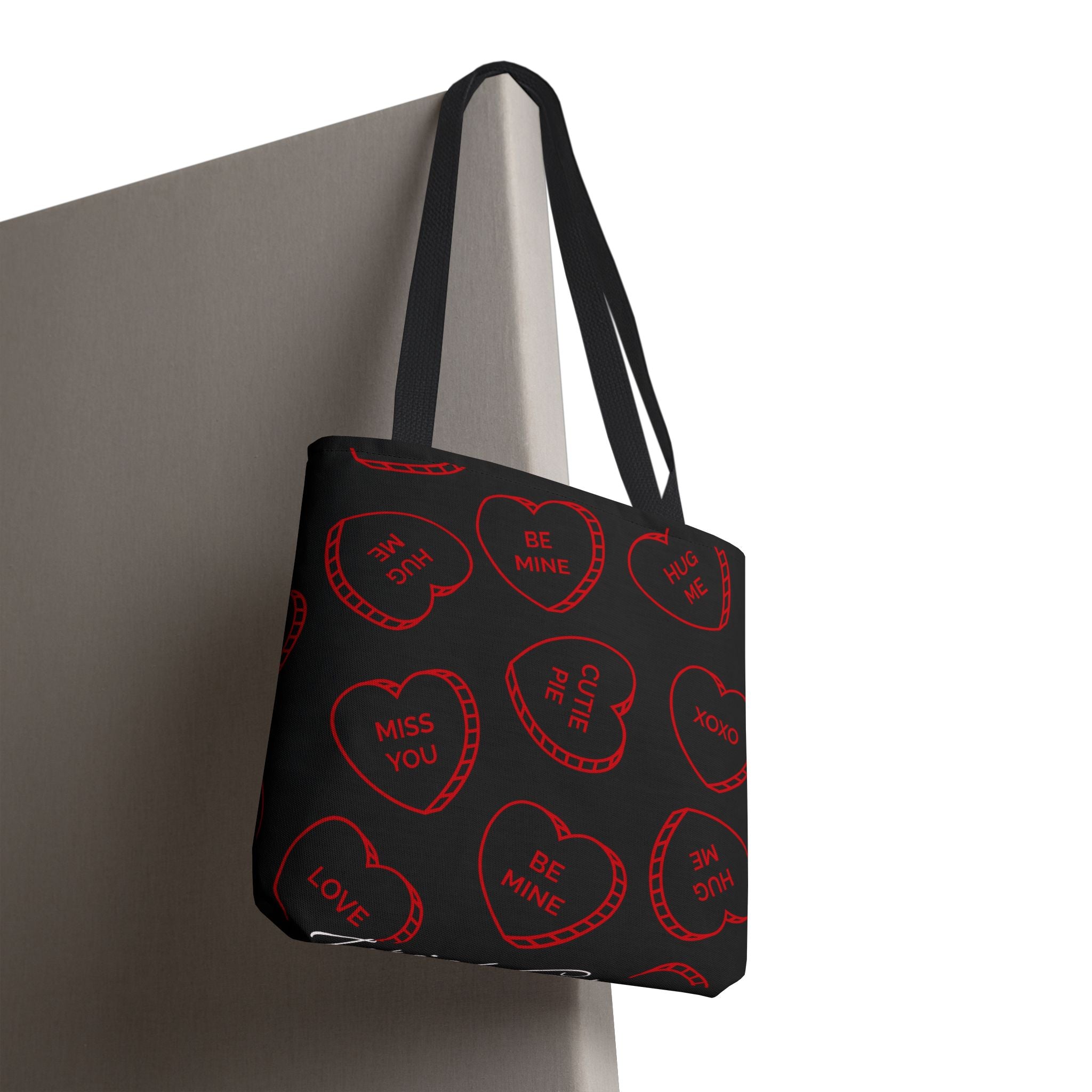 Zariah Grace Red Conversation Hearts Pattern Tote Bag | Valentine Candy Heart Design