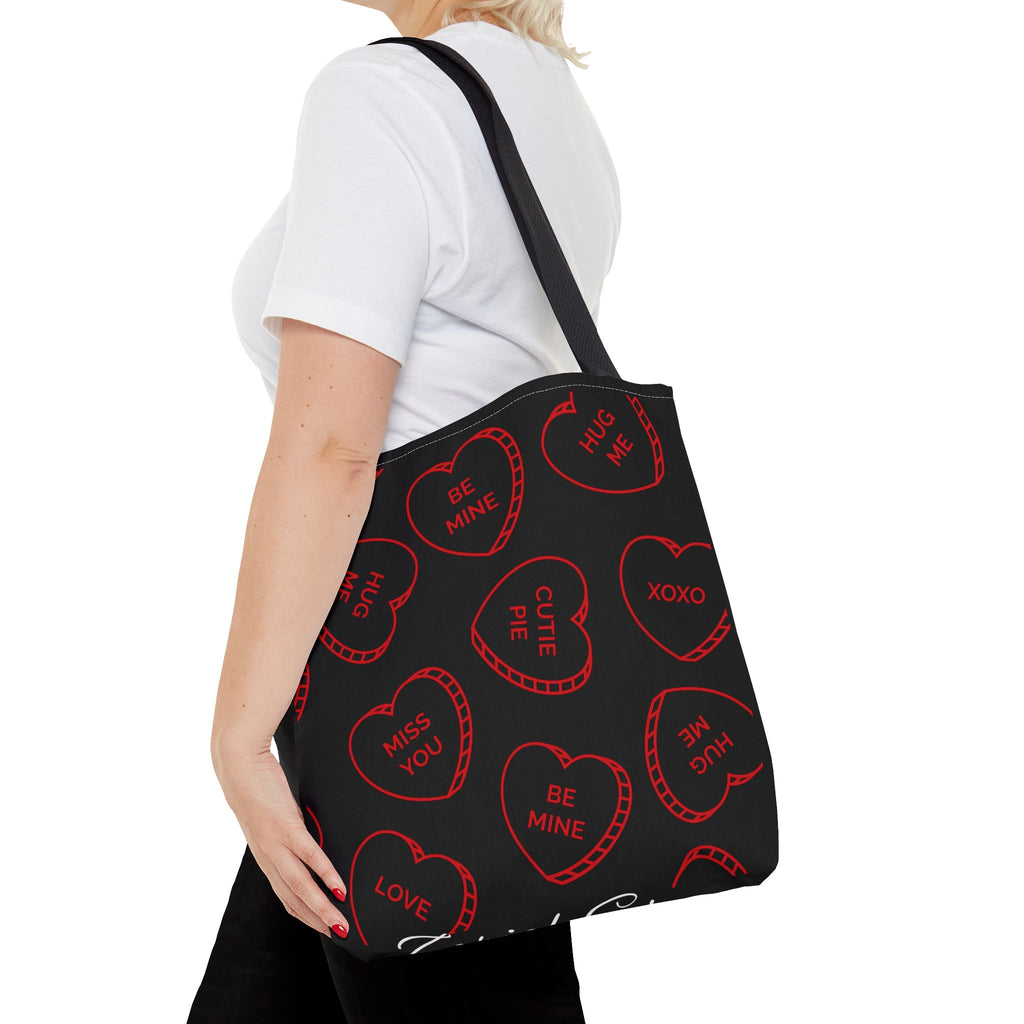 Zariah Grace Red Conversation Hearts Pattern Tote Bag | Valentine Candy Heart Design